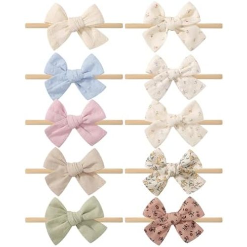 10 Pack Baby Girl Headbands with Bows, Soft Nylon Newborn Headbands