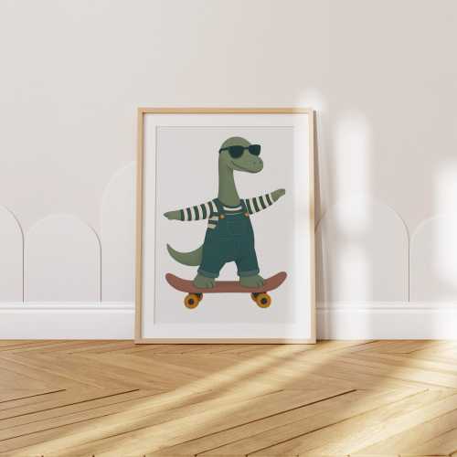 Skateboarding Dinosaur Print: Retro Kids Room Decor (Digital Download)