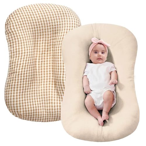 FUNUPUP Muslin Baby Lounger Cover Compatible with Snuggle Me Lounger, Infant Pillow Cover for Newborn, Removable Nest Slipcover for Boys and Girls, Only Cover, Beige and Plaid