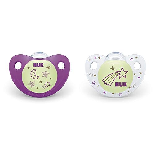 NUK Cute-as-a-Button Glow-in-The-Dark Orthodontic Pacifiers, Girl, 6-18 Months, 2-Pack