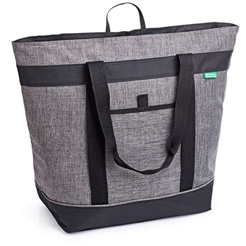 Jumbo Insulated Cooler Bag, Heavy Duty Soft Insulated Grocery Bag, Charcoal | Thermal insulation keeps food warm or cold, convertible handles to carry sideways for pizza, delivery bag, beach, travel.