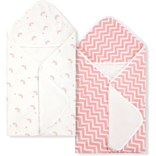 Baby Towels 2 Pack,Hooded Baby Towels Set,Baby Infant Bath Towels with Hood,Soft and Absorbent Nursery Towel,Large 28x28Inch,Newborn Essential(Rainbow & Pink Stripes)