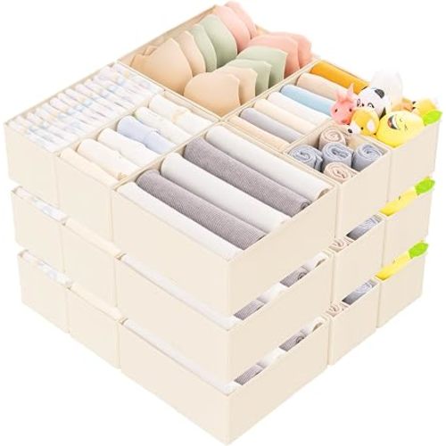 15 Pack Drawer Organizer for Clothes, Foldable Dresser Dividers with 3 Sizes, Fabric Storage Bins – Beige