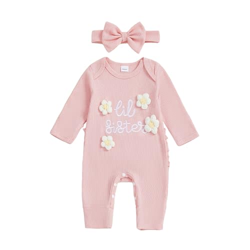 PUHHAPIEY Newborn Baby Girl Coming Going Home Clothes She's Here Romper | Long Sleeve Crew Neck, Letter Embroidery Knit Onesie, Fall Winter Outfit