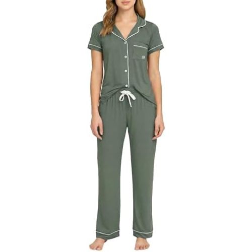 BORN Womens Button Down Pajama Set, Short Sleeve PJ Set with Pants | Soft & Breathable