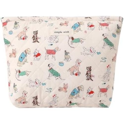 Quilted Cotton Makeup bag Cute Animal Cosmetic bag,Cotton Aesthetic Makeup Bag Large Capacity Travel Toiletry Bag for Women and Girls(01Dog)