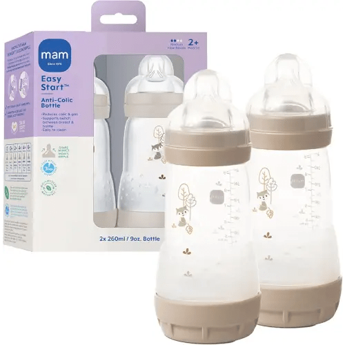 MAM 9oz Easy Start Anti-Colic Wide Neck Vented Baby Bottle, Medium Flow Breastfeeding-Like Nipple, Reduces Colic Gas & Reflux, Easy to Clean, BPA Free, 2+ Months, Made in Europe, 2 Pk, Unisex