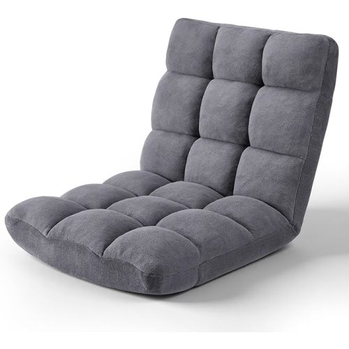 Folding Floor Chair 14-Position Cushioned Adjustable Floor Lazy Sofa Chair w/Breathable Cotton & Skin-Friendly Coral Velve for Adults & Kids Ideal for Reading Meditating，Grey