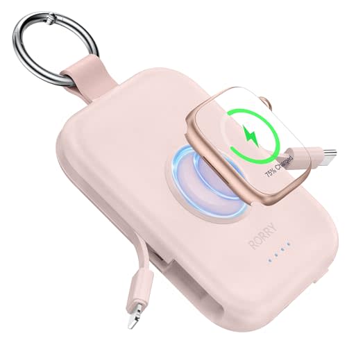 RORRY Portable Charger, 5000mAh Portable Charger Power Bank with Built-in Cables, Travel Keychain Battery Pack for Apple Watch Ultra 2/10/9/8/Ultra/7/6/SE/5, iPhone 16/15/14/13/12, Pink