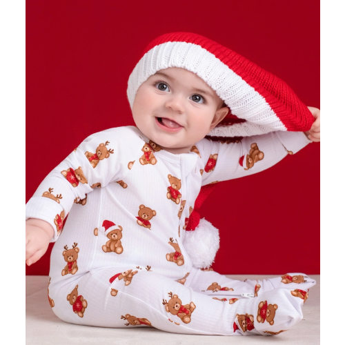 Christmas Bears Ribbed Zip Romper – Dreamy Bamboo (Newborn)