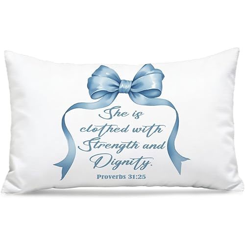 Blue Christian Bible Verse Pillow Covers 12x20, Preppy Girly Room Decor, Proverbs 31:25 Christian Decorative Throw Pillow Covers Pillowcases for Girls Bedroom Dorm Home Decor