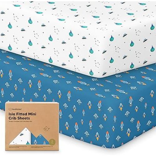 Pack and Play Sheets Fitted - 2-Pack Mini Crib Sheets for Pack N Play Mattress 38x26, Soft & Cozy, Neutral Toddler Playard Bedding, Snug Fitted Mini Baby Crib Mattress Cover Boy, Girl (Space Quest)