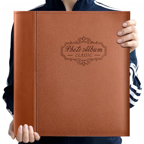 Photo Album Holds 3X5, 4X6, 5X7, 6X8, 8X10 Photos, Leather Cover, Magnetic Self-Stick Page, Hand Made DIY Albums (Brown, Large)