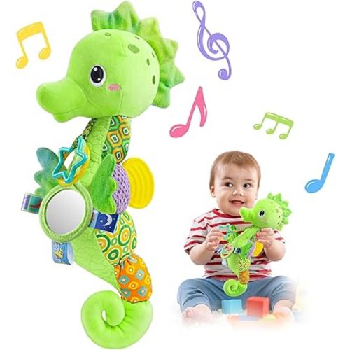 LIGHTDESIRE Baby Toys Musical Seahorse Stuffed Animals Infant Toys 0-6-12 Months with Mirror|Rattles|Crinkle|Baby Teething Toys,Sensory Toys for Tummy Time Newborn Boys Girls Gifts(Lime Green)