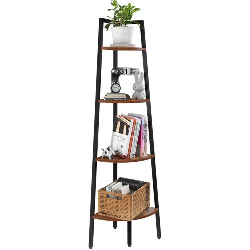 Yoobure 4-Tier Corner Bookshelf with Metal Frame - Ladder Display Shelf for Bedroom and Living Room, Tall Wood Corner Bookcase and Plant Stand