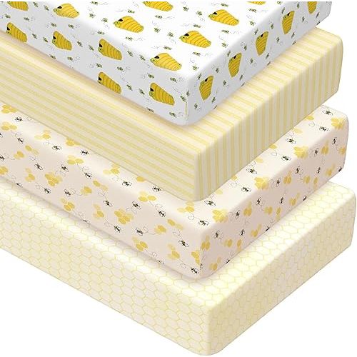 Peryiter 4 Pack Crib Sheets Girl Soft Baby Bed Sheet Set 52'' x 28" Nursery Crib Sheets for Standard Bed for Nursery Decor Baby Boys or Girls (Yellow,Bee)