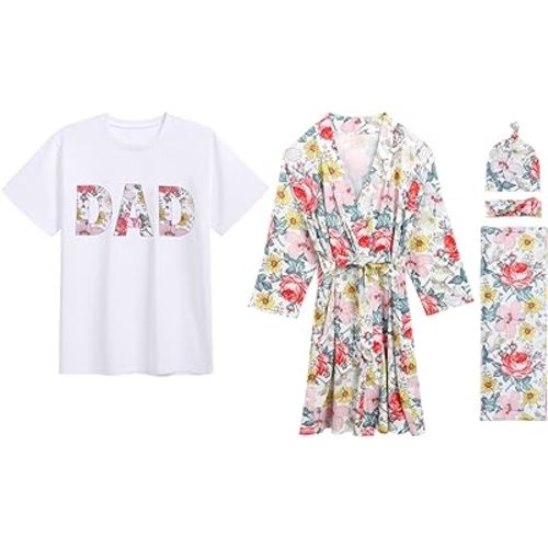 AWIBMK Conjunto de bata y manta para mamá y bebé y camiseta para hospital, parto, entrega, envolvente con diadema para mamá, papá y bebé