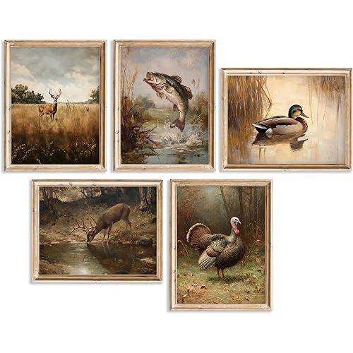 Vintage Hunting Nursery Wall Art Baby Boy Room Canvas Wall Decor Farmhouse Woodland Animal Prints Poster Mallard Duck Deer Turkey Fish Pictures Artwork Painting for Kids Bedroom 8x10x5 Inch Unframed
