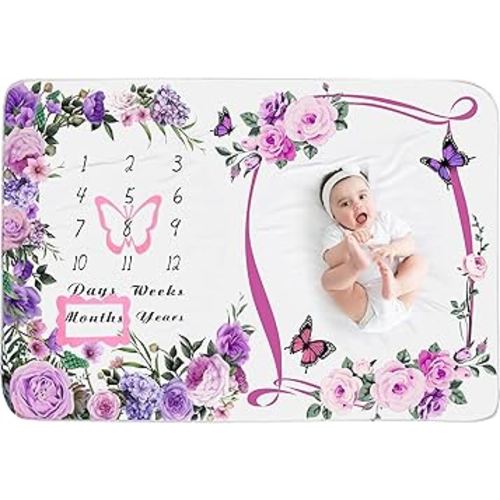 Chumia Baby Monthly Milestone Blanket for Baby Girl 59"x39" Floral Photo Prop Age Milestone Blanket with 2 Felt Floral Wreath Frame(Purple,Flower)
