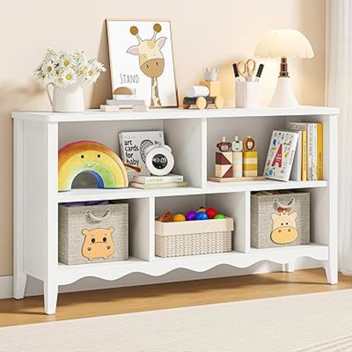 ONBRILL 5 Cube Wave Wooden Montessori Kids Storage Shelf, White