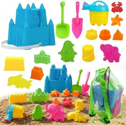 4E's Novelty 17pc Kids Beach Toys Set with Bucket, Shovels, Sand Molds & Mesh Storage Bag – Sandcastle Building Toys for Beach & Sandbox Play