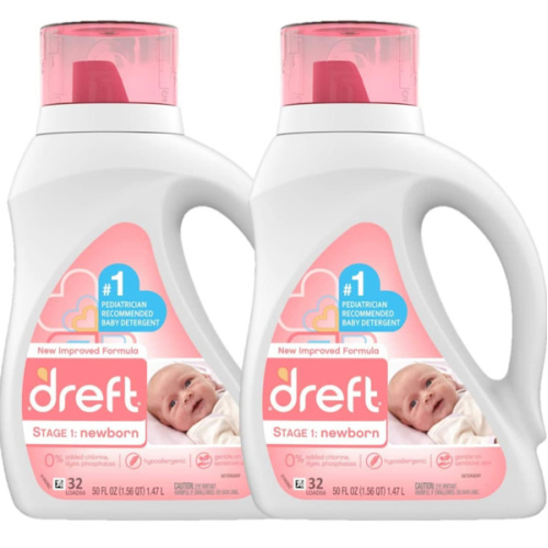 Dreft Stage 1: Newborn Hypoallergenic Liquid Baby Laundry Detergent (HE), Natural for Baby, Newborn, or Infant, 50 Ounce (32 Loads), 2 Count (Packaging May Vary) - 64 Load (Pack of 2 Bottles)
