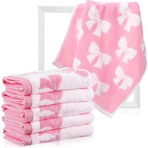 6 Pcs Pink Bow Washcloths 100% Cotton Wash Cloths 13" x 13" Coquette Small Face Towels Absorbent Soft Hand Bath Towels for Bathroom, Spa, Kitchen Drying Cleaning(Cute Style)