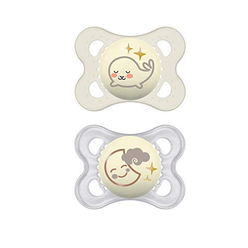 MAM Night Pacifiers (2 Pacifiers & Sterilizing Box), MAM Pacifiers 0-6 Months, Best Pacifier for Breastfed Babies, Unisex, Glow in the Dark Pacifier