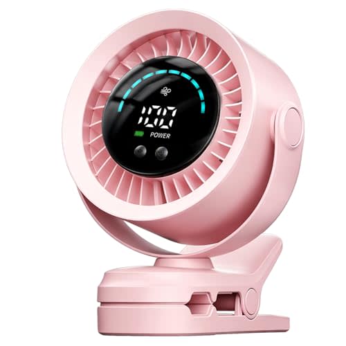 Portable Clip on Fan, Rechargeable USB Desk Fan with Turbo Airflow, 100 Speeds LED Display, 360° Rotation, Small Quiet Battery Powered Fan for Stroller Outdoor Travel Camping Golf Cart, Pink