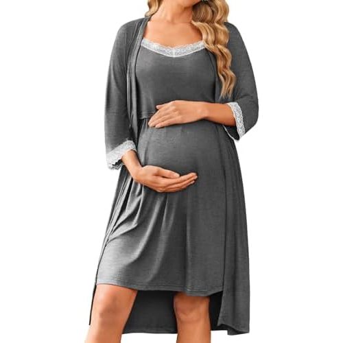 Ekouaer Women Lace Maternity Nursing Gown and 3/4 Sleeve Robe Set Double Layer Breastfeeding Nightgown Slip Dress & Bathrobe