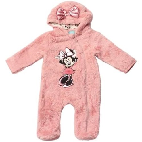 Magic Threadz Disney Clothes Minnie Mouse Baby Girls Plush Hooded Pram – Cozy Fleece Coverall with Ears for Infant (0–6/9M)