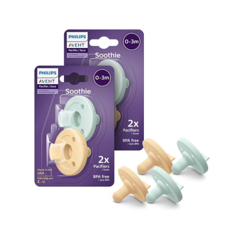 Philips Avent Soothie Orthodontic Baby Pacifiers, 100% Silicone Pacifiers, One Piece, BPA-Free, for Babies 0-3 Months, 2 Green and 2 Yellow, 4 Pack, Model SCF190/71