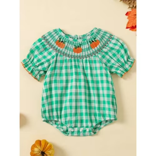 Newborn Baby Girl Halloween Smocked Pumpkin Outfit 3 6 12 18 Months 2T 3T Plaid Bubble Romper Embroidery Thanksgiving Fall Clothes