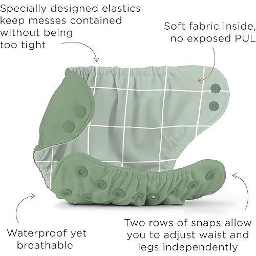 Esembly Cloth Diaper Bundle Set - 3 Organic Cotton Absorbent Inners and 1 Waterproof Outer Diaper Cover - Reusable, Washable, Snap Closure Cloth Diapers - Size 1 (7-17lbs), Aloe
