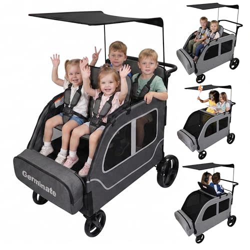 4 Seater Wagon Stroller, Triple Stroller for 2 3 Kids Toddler | Child Baby Large Quad Double Seat Travel Preschool All Terrain Adjustable Handle Removable Canopy Push Pull