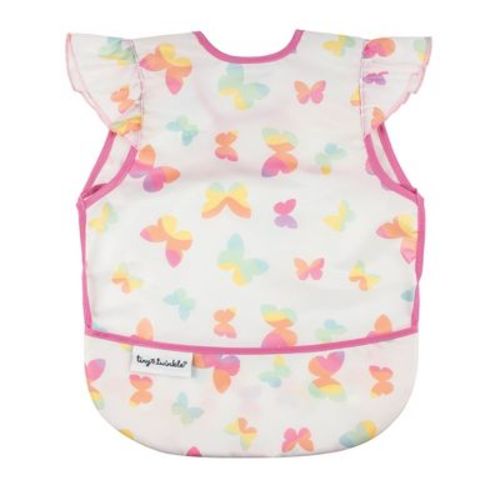 Tiny Twinkle Mess-Proof and Waterproof Baby Bib/Apron with Ruffled Shoulder, Machine Washable and BPA-Free (Butterflies, Small 6-24 Months)