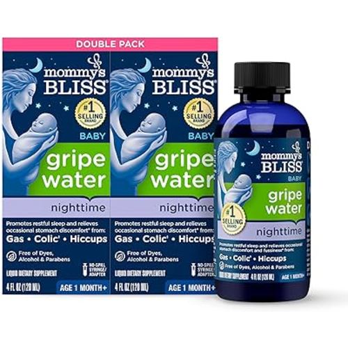 Mommy's Bliss Gripe Water Night Time, Relieves Stomach Discomfort From Gas, Colic, Fussiness, & Hiccups, Gentle & Safe, For Infants Age 1 Month+, 4 Fl Oz (Pack of 2)