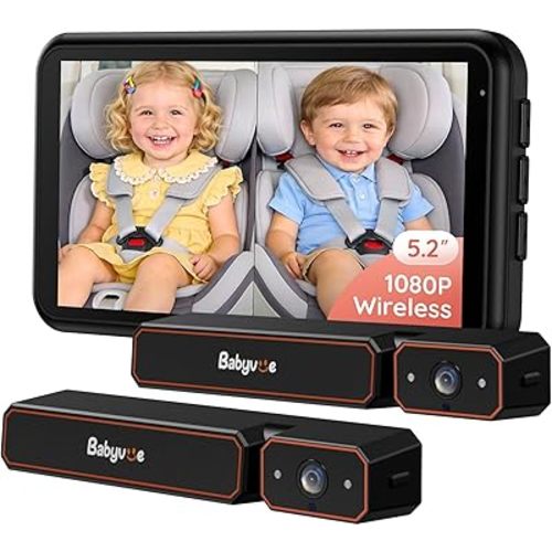 Babyvue BV6PRO Wireless Dual Car Camera Baby Monitor Fast Setup, HD1080P Spilt-Screen Baby Car Monitor for 2 Kids, Auto IR Night Vision Backseat Camera for Newborns Gift