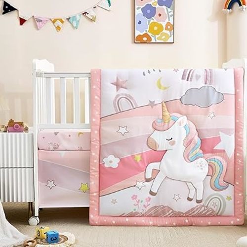 3-Piece Crib Bedding Set for Girls - Ultra Soft Baby Bedding Set Includes Crib Comforter, Sheet & Skirt (Pink)