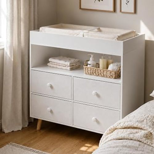 Garvee Baby Changing Table with 4 Fabric Drawers and Open Shelves