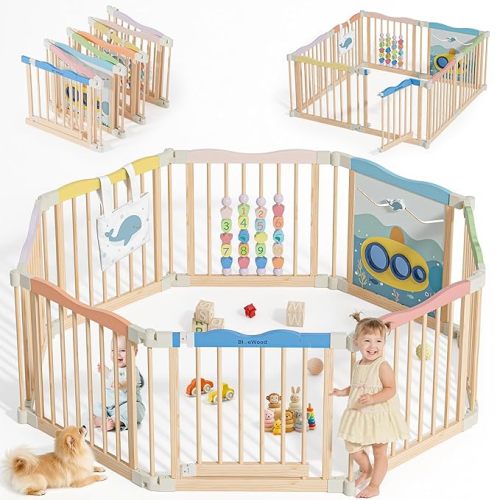 Foldable Wooden Playpen - Adjustable Wood Baby Play Yard with Child-Proof Lock, Indoor Large Safety Fence for Babies and Toddlers - Easy Assembly, 55 x 55 x 24 inches, Colorful Ocean Adventure