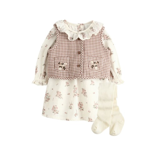 Kids' 3-Piece Floral Dress, Gingham Gilet & Tights Set