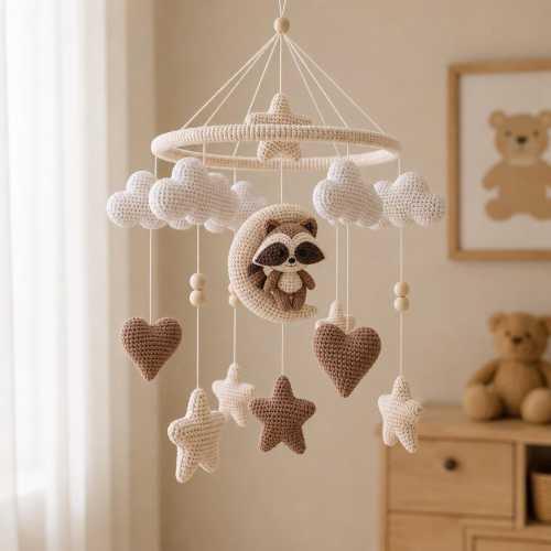 Raccoon Crocheted Baby Mobile, Hot Air Balloon Nursery Decor, Cute Animal Nursery Gift, Baby Decor