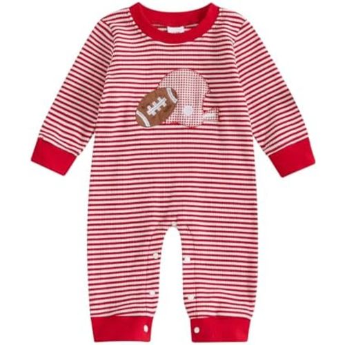 Karuedoo Newborn Baby Boy Girl Football Outfit Rugby Embroidery Stripe Romper Waffle Knit Long Sleeve Jumpsuit Fall Clothes