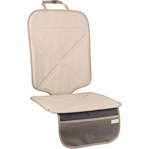 Car Seat Protector Leather Waterproof Child Safety Seat Protector Cover with Thick Pad and 2 Large Pockets Durable Kick Mat for All Auto Seat (Beige)