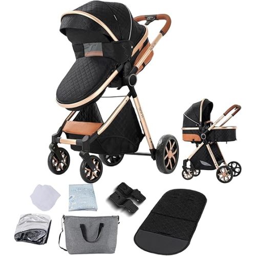 2 in 1 Baby Stroller, Convertible Bassinet Pushchair with Mommy Bag, Seat Cushion, Mosquito net, Cold Mat, Rain Cover, Foot Rest as Gifts for Infants and Newborns 0-36 Months (BlackGold)