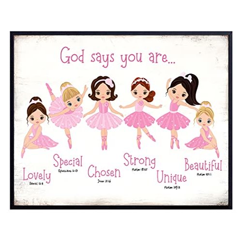 Ballet Nursery Bedroom Wall Art - God Says You Are Bible Verses - Religious Room Decor - Little Girls Toddler Baby Room decoration - Pink Ballerina Daughter Gift - Christianity Religion Poster 8x10