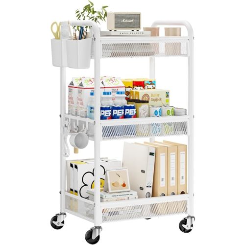 YASONIC 3 Tier Rolling Cart – Metal Utility Storage Cart with Wheels, Craft Carts Organizer with Hanging Cups, Hooks, Mesh Basket for Bedside Kitchen Office Art, White