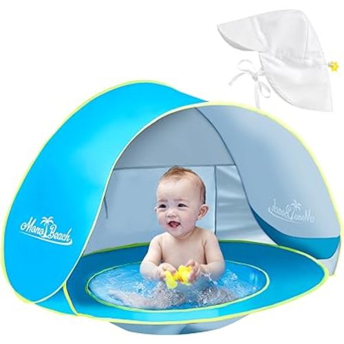 Baby Beach Tent with Sun Hat Pop Up Portable Shade Pool UPF50+ UV Protection Sun Shelter for Infant with Easy Set Up Canopy (Blue)
