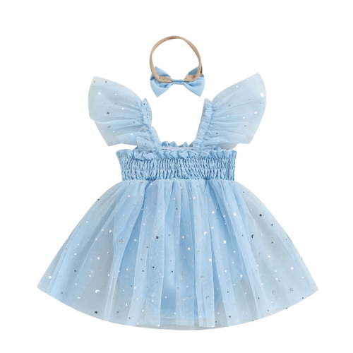 KyCheLot Baby Girls Princess Romper Dress Headband 2 Piece Embroidery Mesh Ruffle Sleeve Summer Outfit 0-18 Months